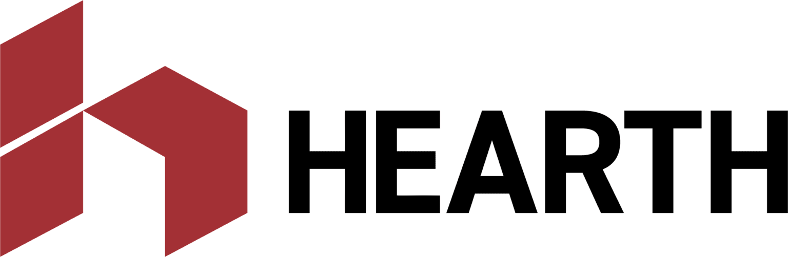 The image shows the Hearth logo with a red geometric design on the left and the word "HEARTH" in black to the right.
